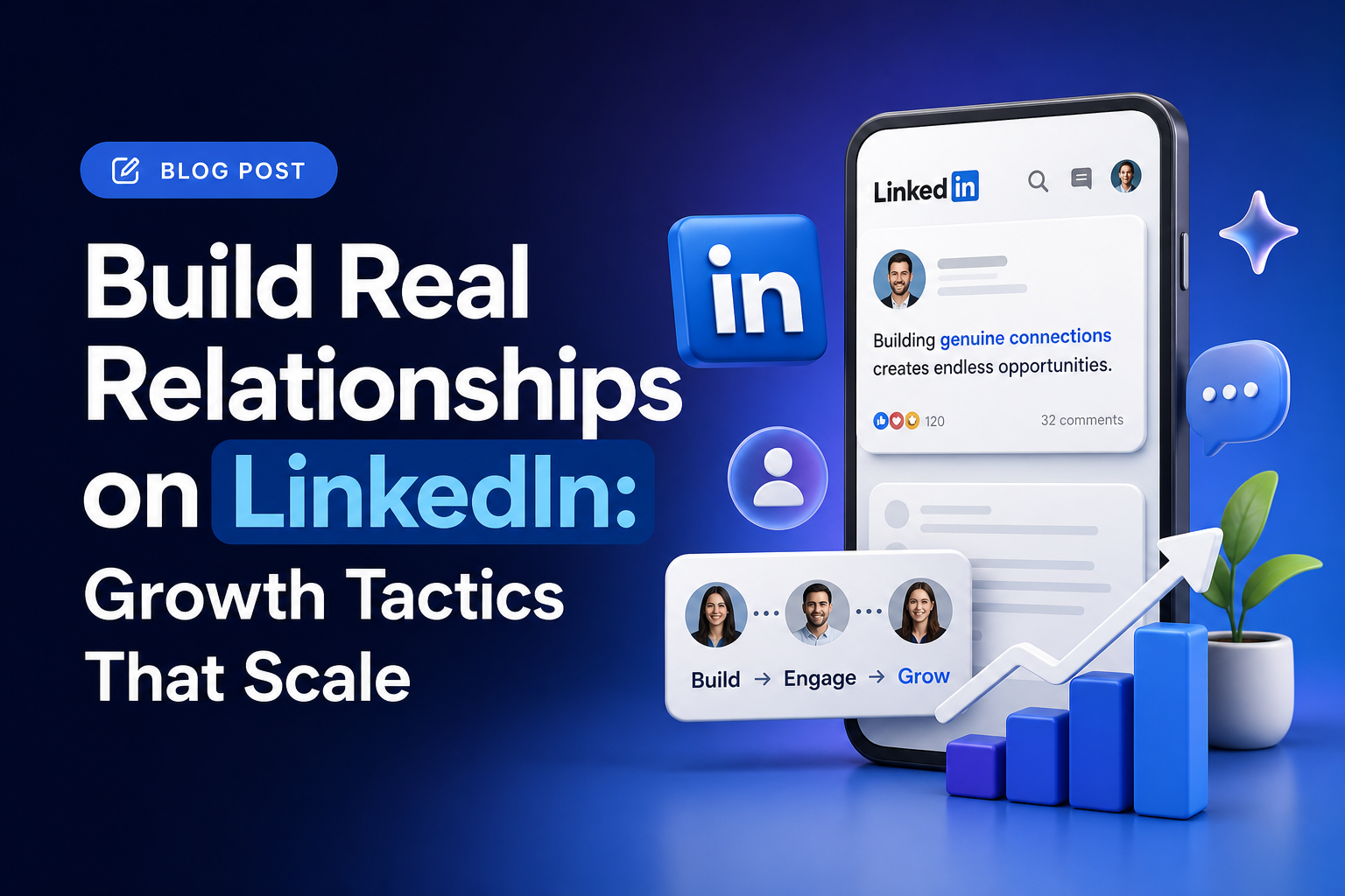 A smartphone displaying a LinkedIn profile and interactive elements showing growth through building, engaging, and growing connections with a blue bar graph and upward arrow indicating growth, alongside text reading 'Build Real Relationships on LinkedIn: Growth Tactics That Scale'.
