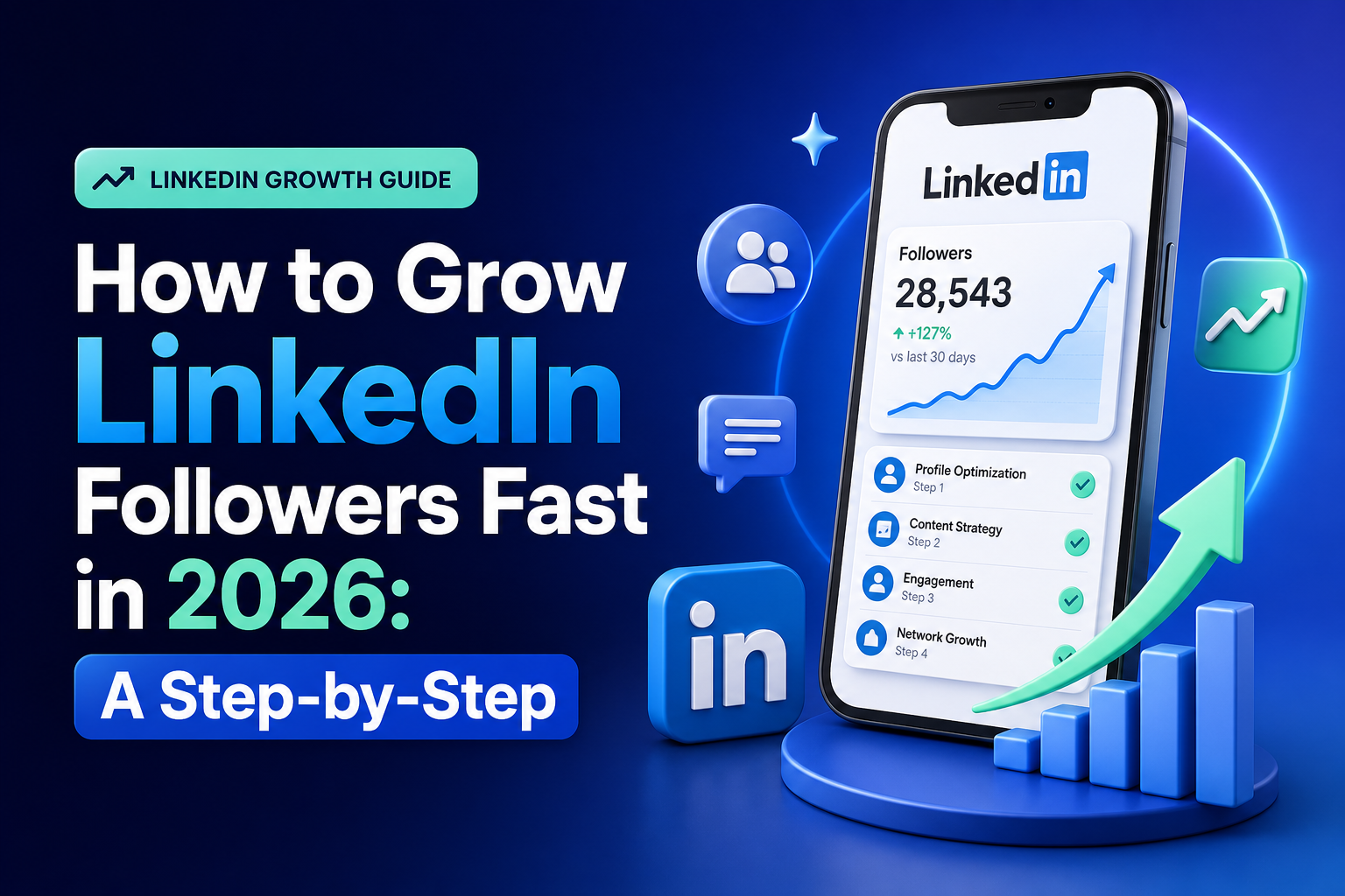 A digital illustration of a smartphone displaying a LinkedIn growth tracker with 28,543 followers and a 127% increase in the last 30 days. The screen shows steps for LinkedIn growth including profile optimization, content strategy, engagement, and network growth. Surrounding the phone are LinkedIn icons and graphical elements representing growth, including an upward green arrow and a bar chart on a blue circular base. The text overlay says 'LinkedIn Growth Guide How to Grow LinkedIn Followers Fast in 2026: A Step-by-Step'.