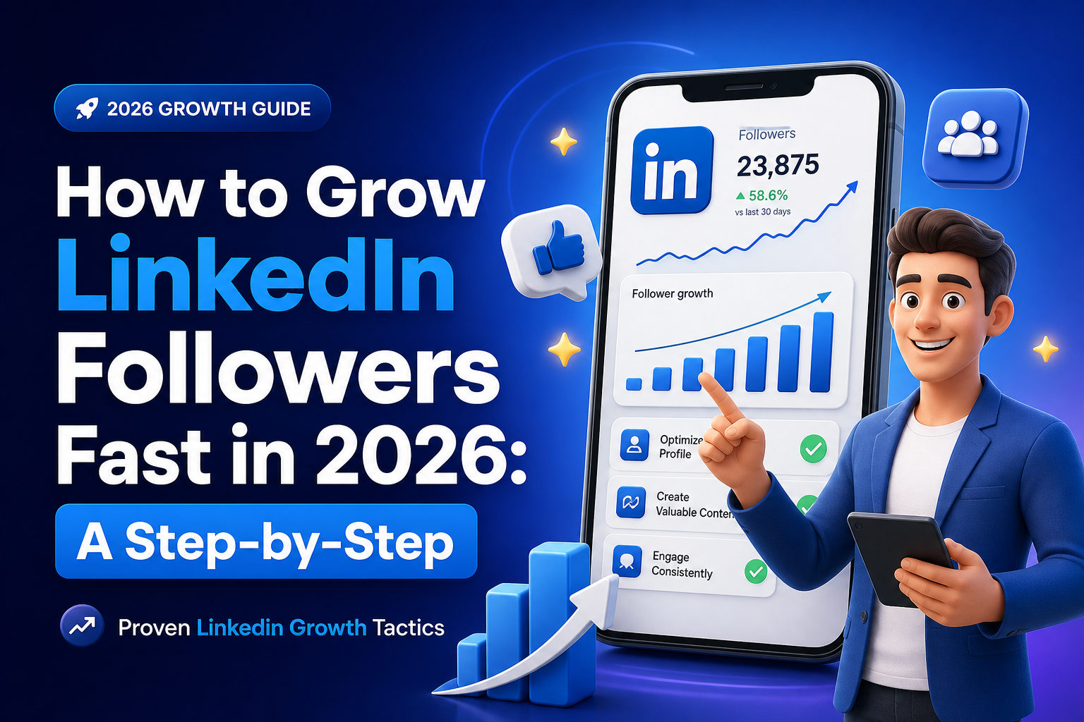 An animated illustration showing a person in a blue blazer holding a tablet, pointing to a large smartphone screen displaying LinkedIn statistics with 23,875 followers and 58.6% growth in the last 30 days, plus a follower growth bar graph and three checklist items: Optimize Profile, Create Valuable Content, Engage Consistently. Text on the left reads 'How to Grow LinkedIn Followers Fast in 2026: A Step-by-Step' and '2026 Growth Guide'.