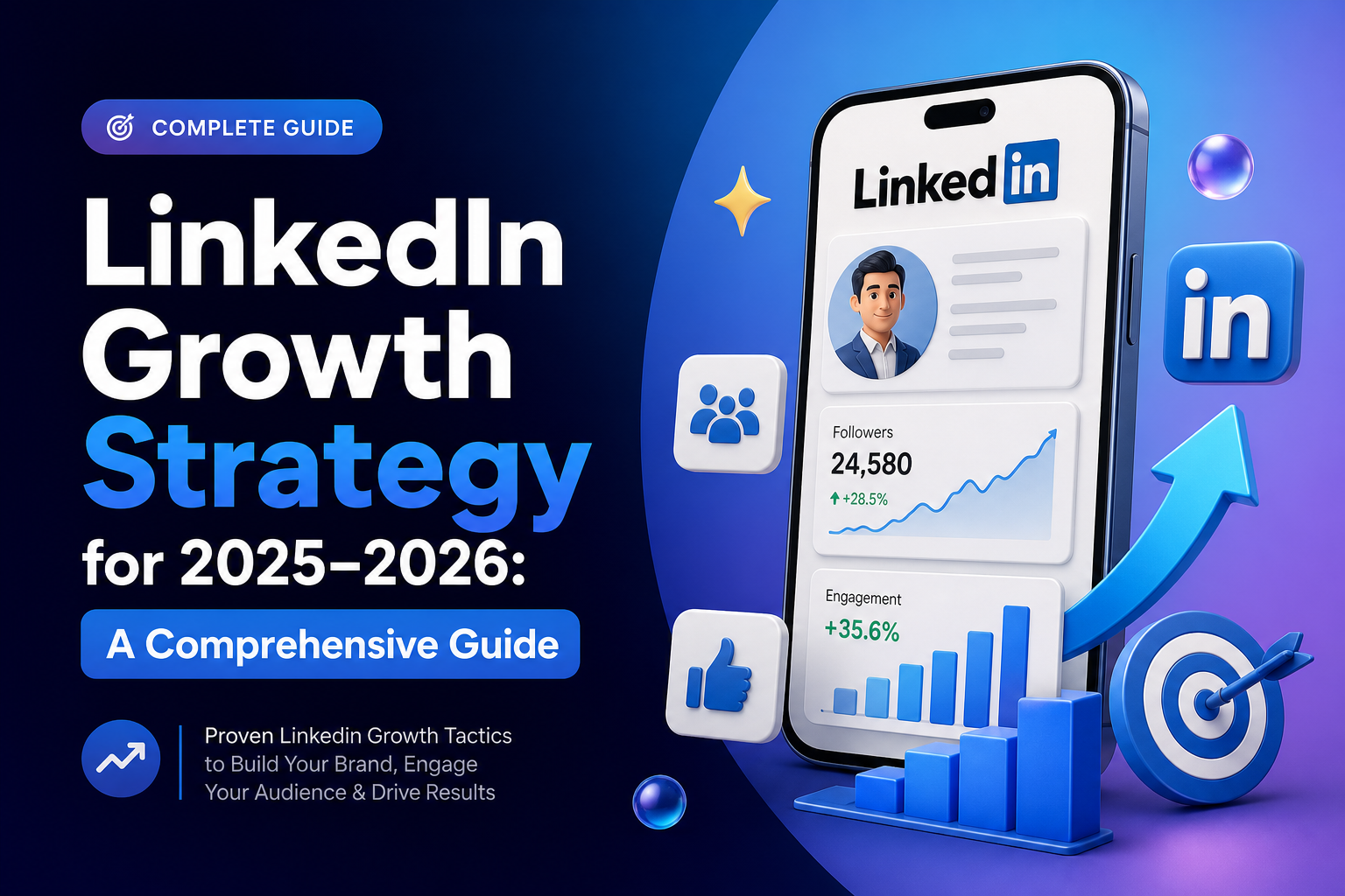 Digital illustration displaying a smartphone with a LinkedIn profile interface showing follower count and engagement statistics with upward trends. Surrounding icons include LinkedIn logo, group of people, thumbs-up, and a target with an arrow. Text on left side reads 'Complete Guide LinkedIn Growth Strategy for 2025-2026: A Comprehensive Guide. Proven LinkedIn growth tactics to build your brand, engage your audience & drive results.'