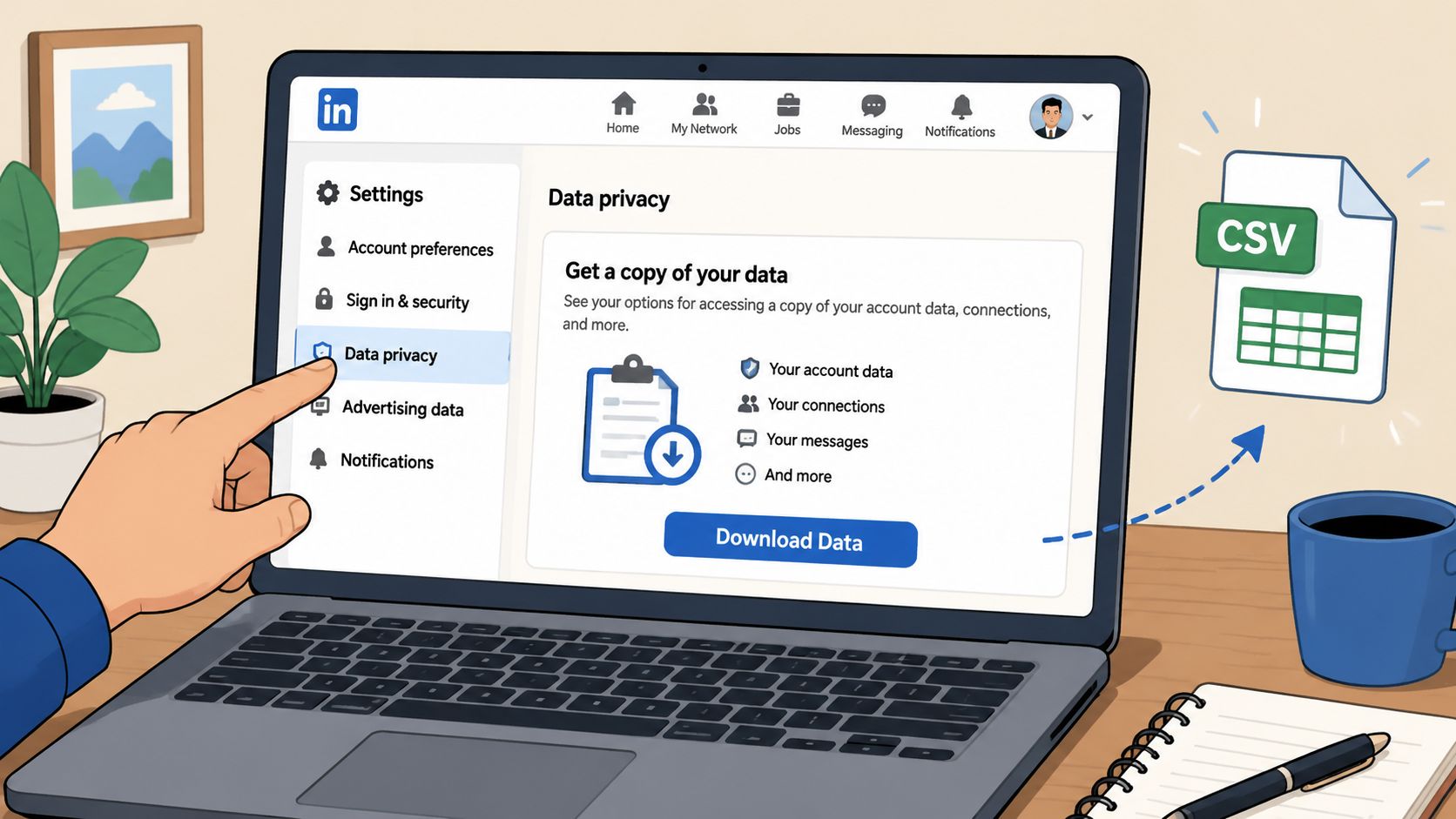 A hand pointing to the Data privacy setting on a laptop screen to download LinkedIn account data.
