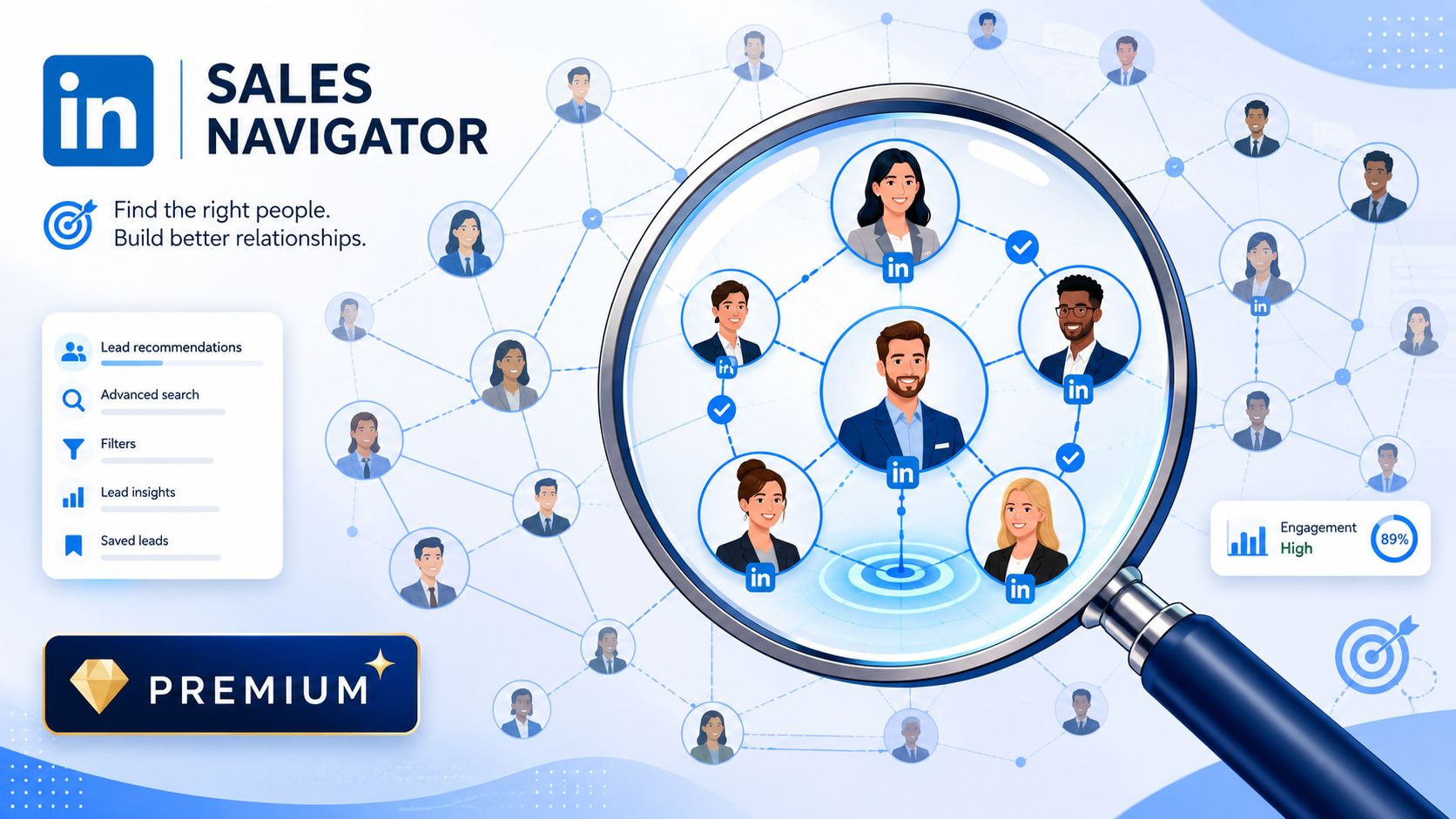 A digital graphic showcasing the LinkedIn Sales Navigator platform with a magnifying glass over professional networking connections.