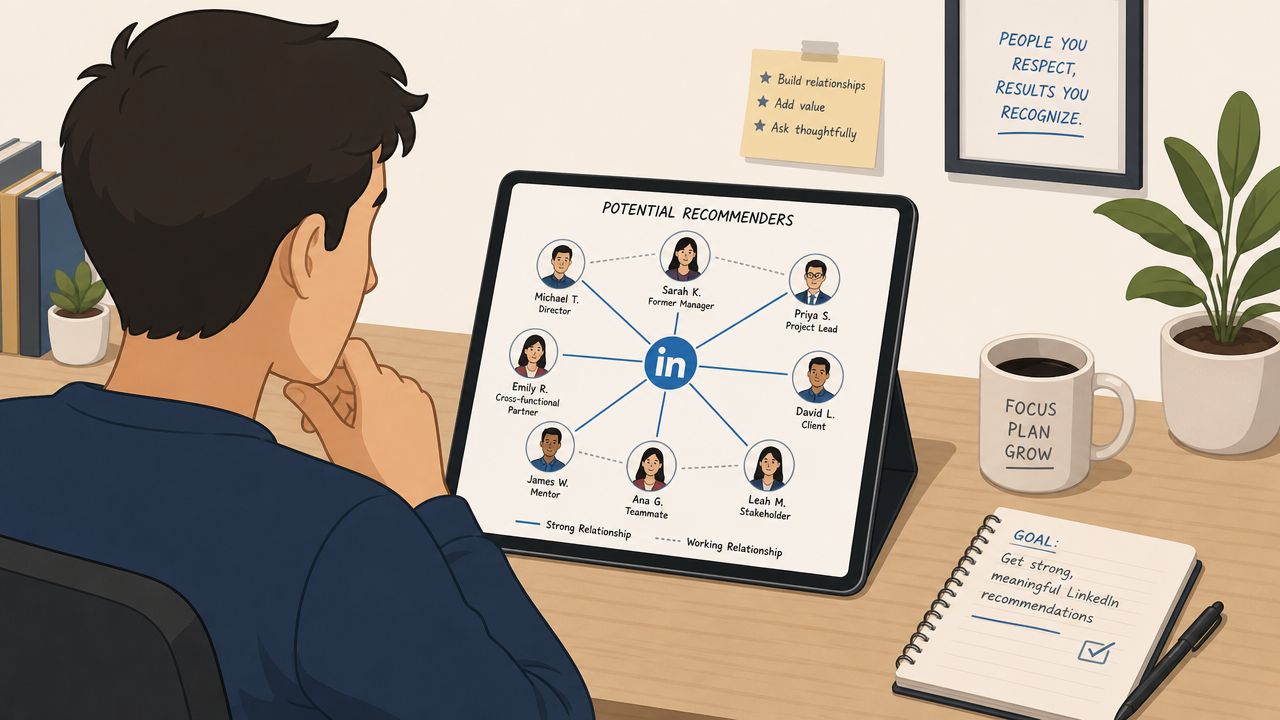 A person looking at a tablet screen displaying a network map of potential LinkedIn recommendation contacts.