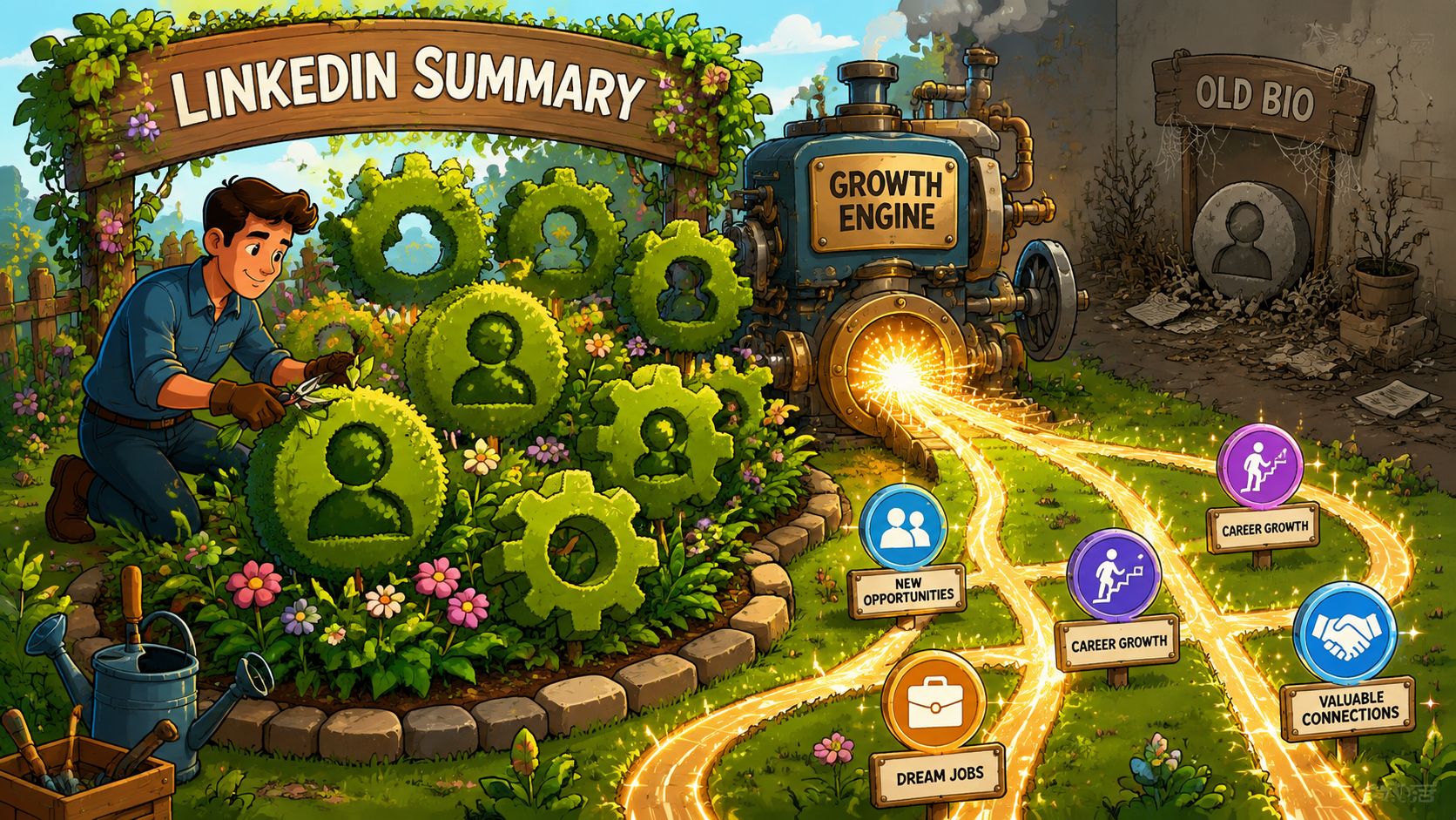A professional man pruning gear-shaped shrubs in a garden leading to a glowing growth engine for career advancement.