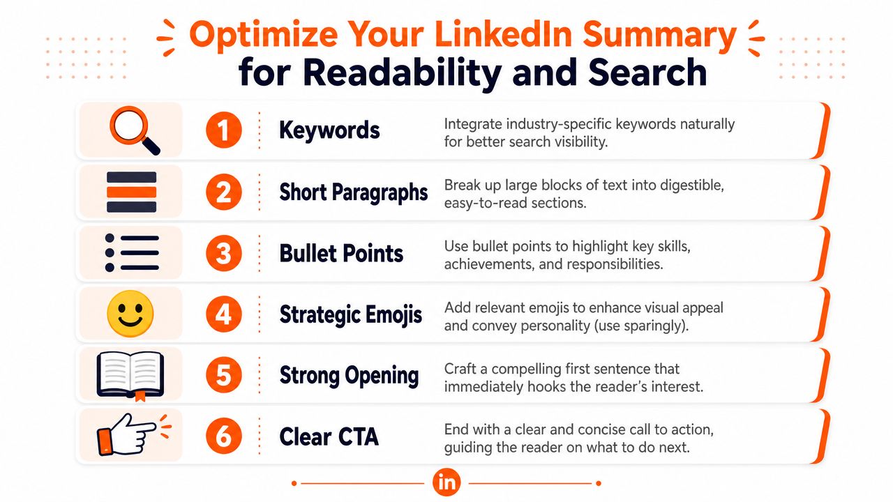 An infographic detailing six essential tips to optimize a LinkedIn summary for better readability and search performance.
