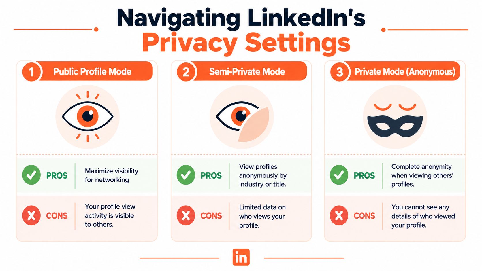 A visual guide explaining the three different privacy settings available for viewing LinkedIn profiles.