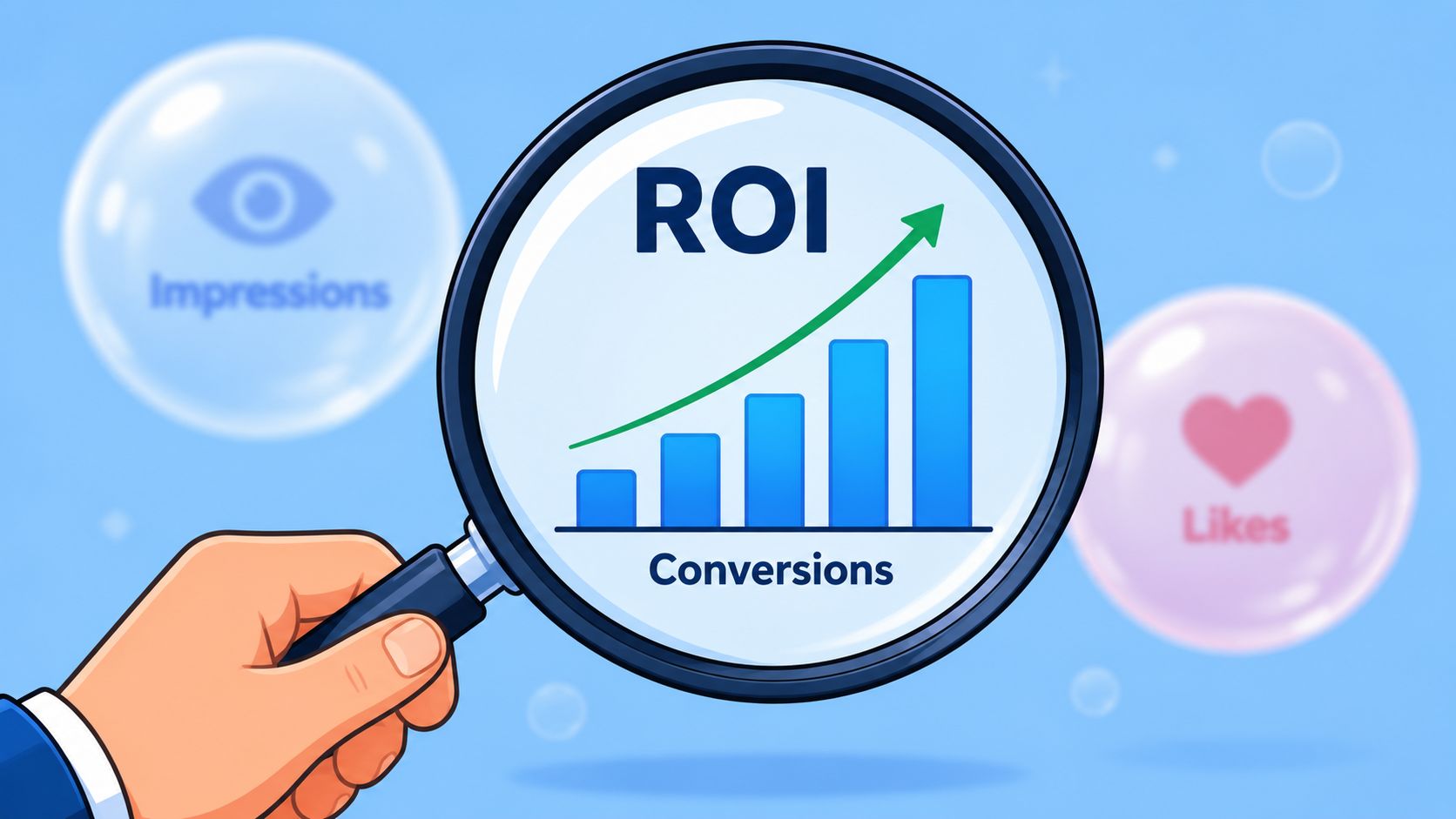 A hand holding a magnifying glass over a chart showing increasing conversions and ROI business metrics.