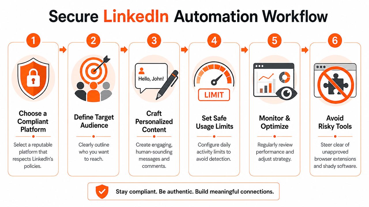 A six-step infographic illustrating a secure workflow for automating LinkedIn outreach to maintain profile safety.