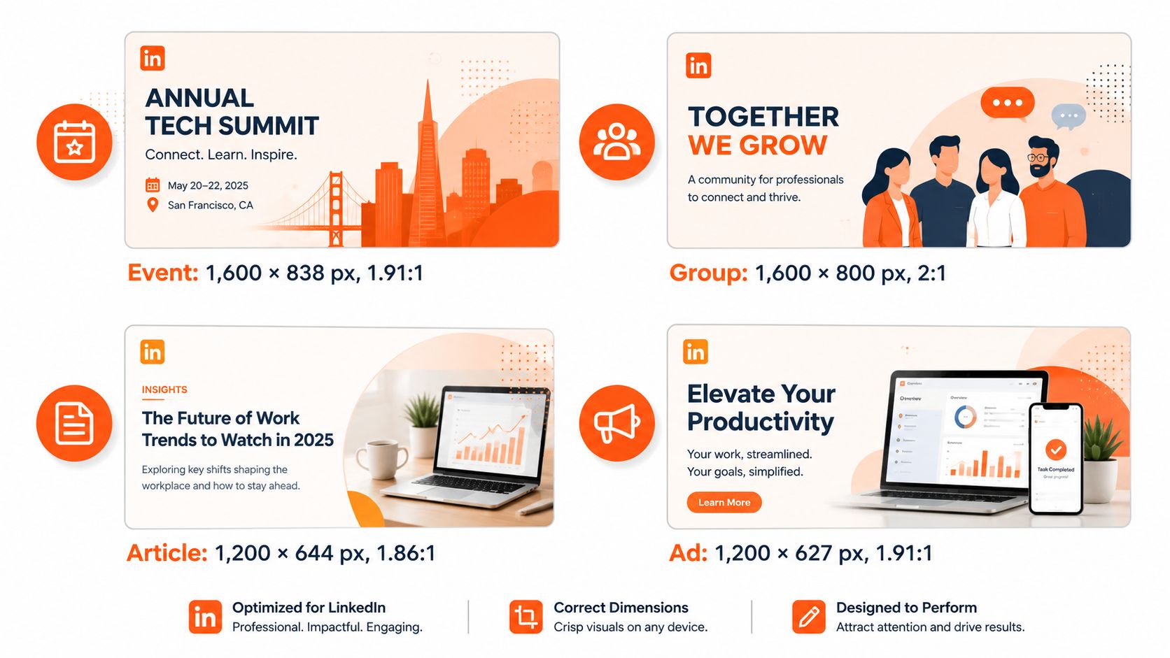 A visual guide showing recommended dimensions for different types of LinkedIn banner graphics and social media posts.