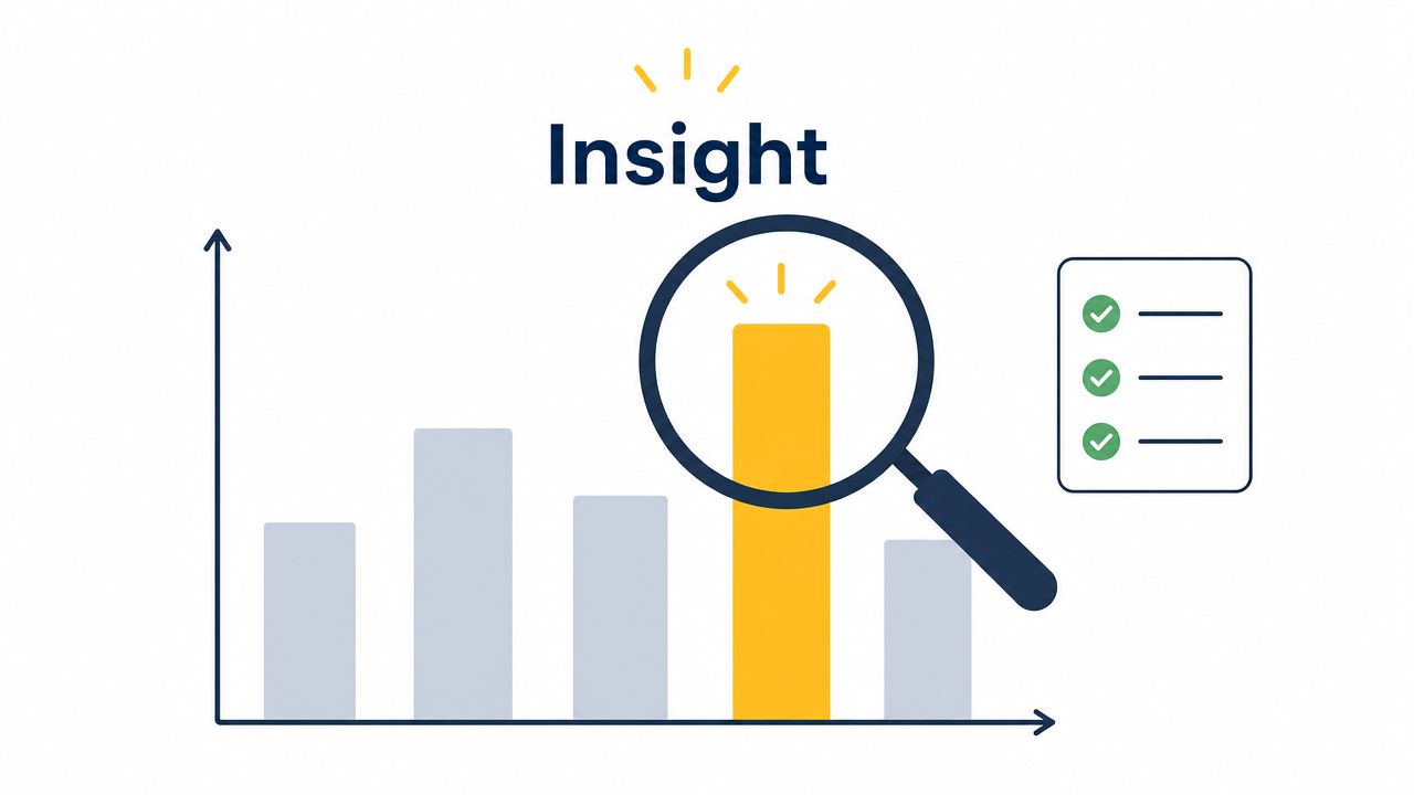 A magnifying glass focusing on a standout yellow bar chart representing business data insights and results.
