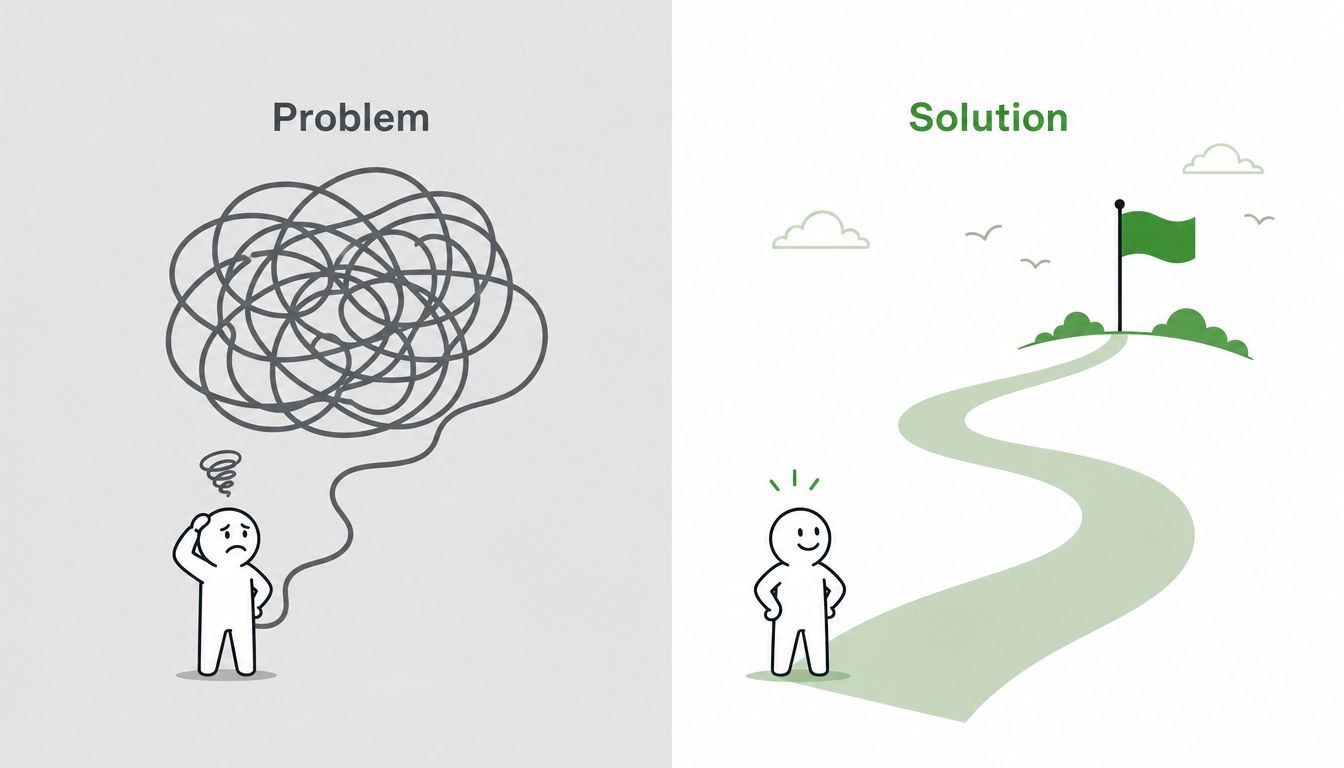 A split image showing a confused person with a tangled line versus a happy person on a clear path.