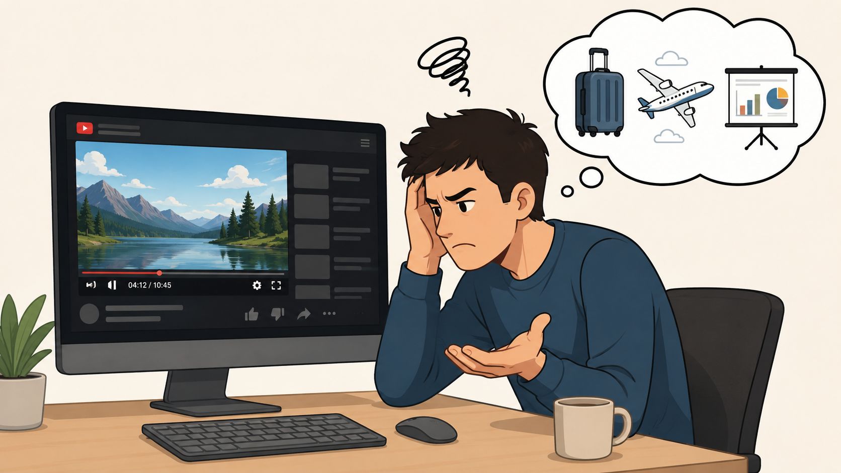 A stressed man looking at a nature video on his computer while thinking about travel and work.