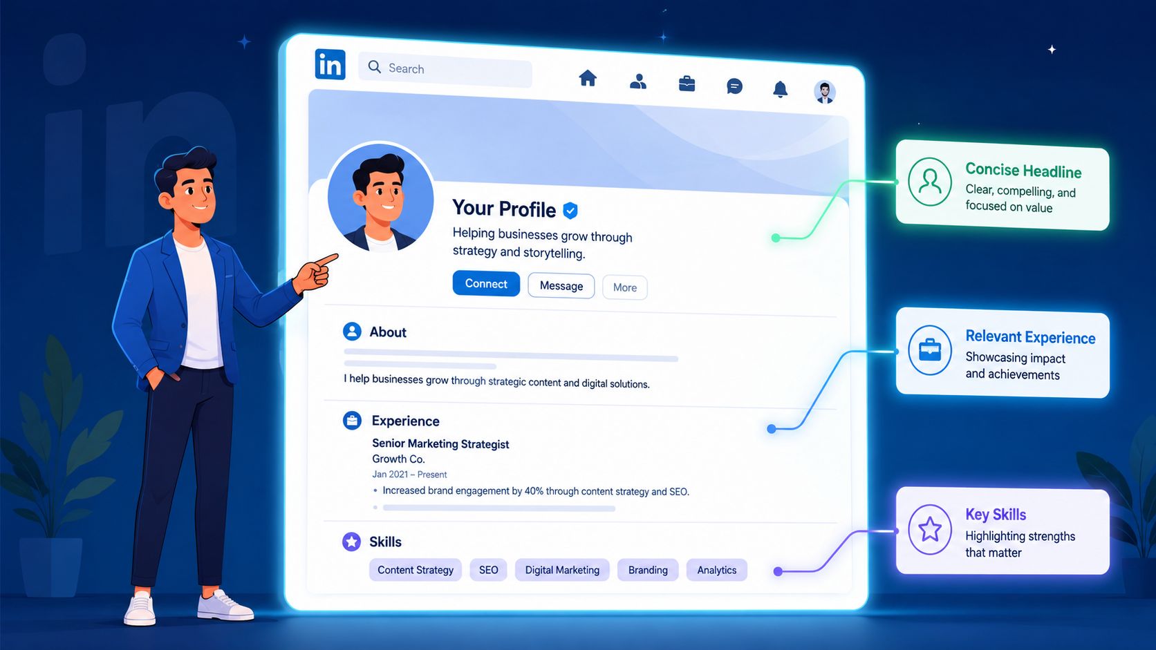 A digital illustration showing a professional LinkedIn profile layout with tips for building an effective career profile.