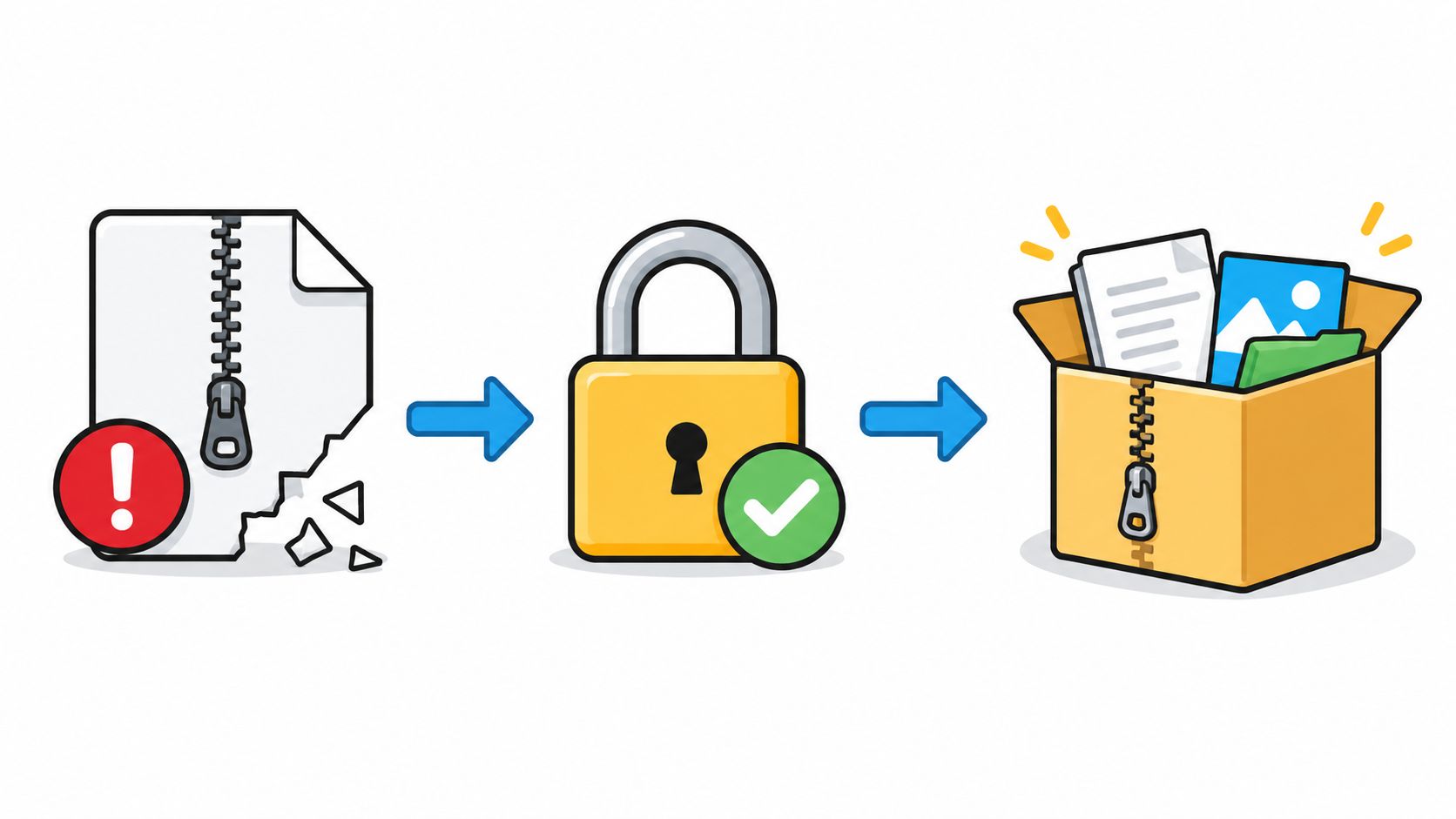 A digital illustration showing a broken file, a secure padlock, and a box of organized digital files.