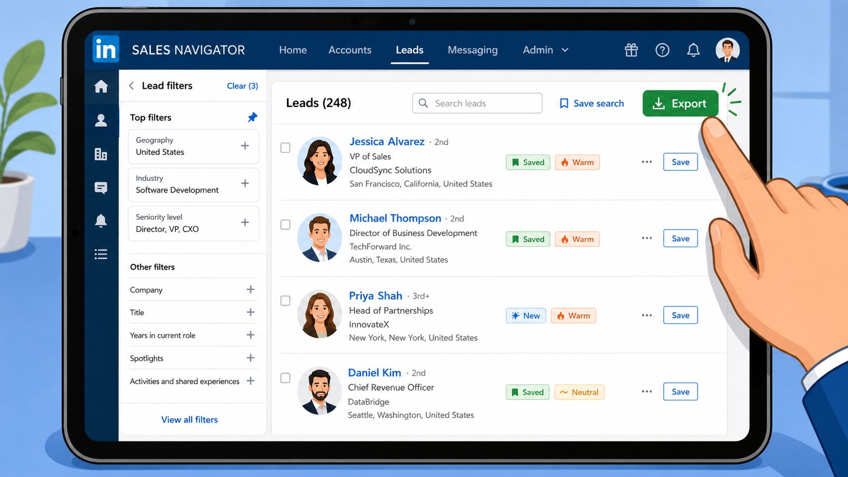 A digital tablet displaying a LinkedIn Sales Navigator leads list with an export button being pressed.