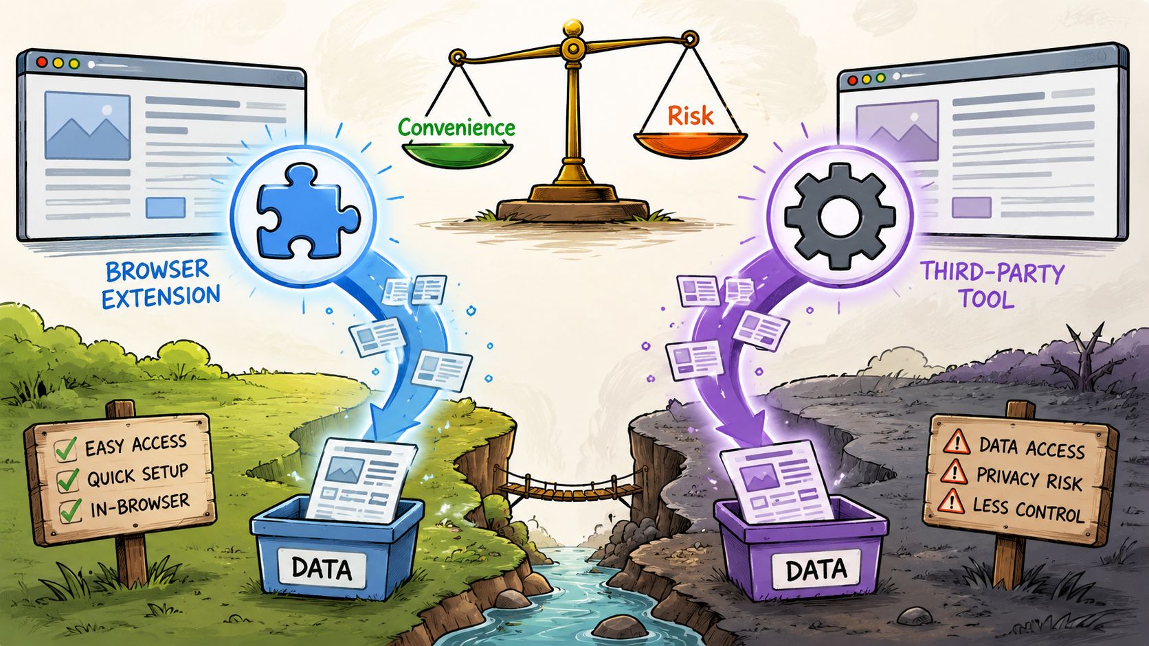 An illustration weighing the convenience of browser extensions against the privacy risks of third-party tools.