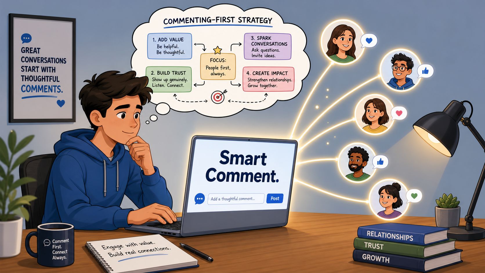 A young man sitting at a desk with a laptop, learning a strategy for writing thoughtful online comments.