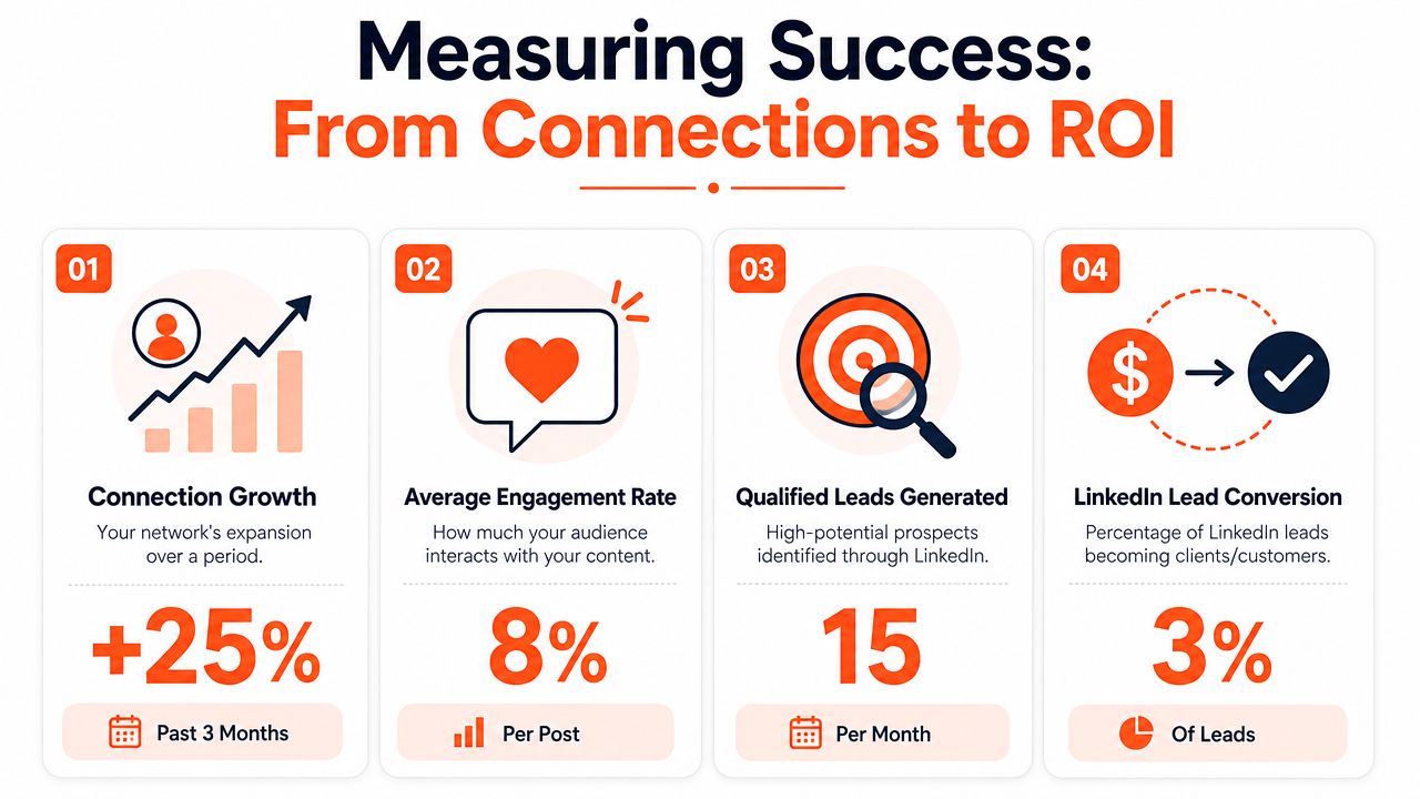 A four-step infographic illustrating key metrics for measuring professional networking success and ROI on LinkedIn.