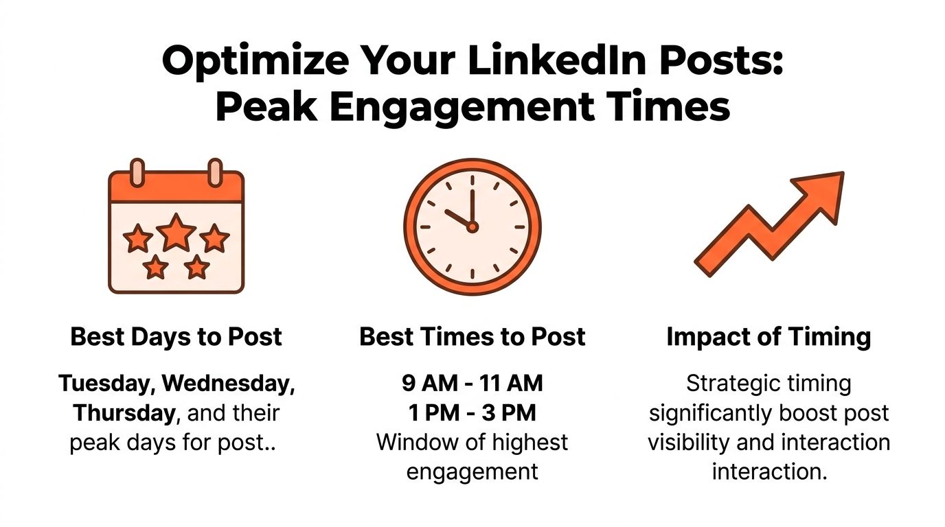 An infographic showing best days and times for peak engagement on LinkedIn posts for improved visibility.