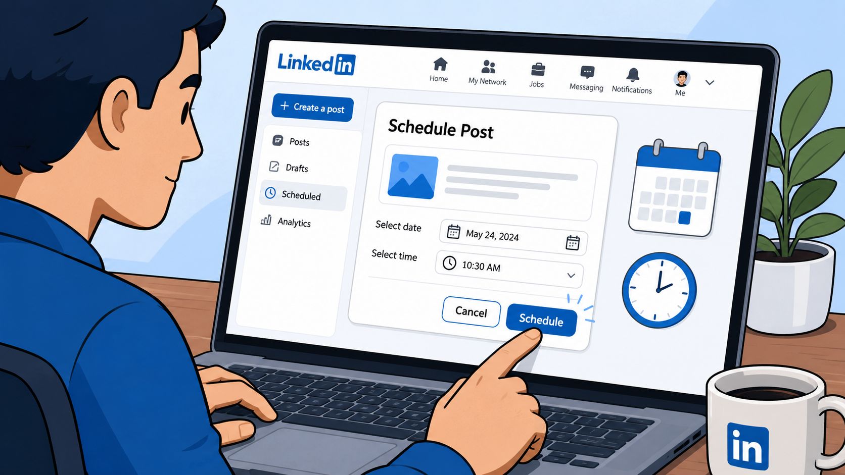 A person using a laptop to schedule a LinkedIn post using the platform's scheduling feature interface.