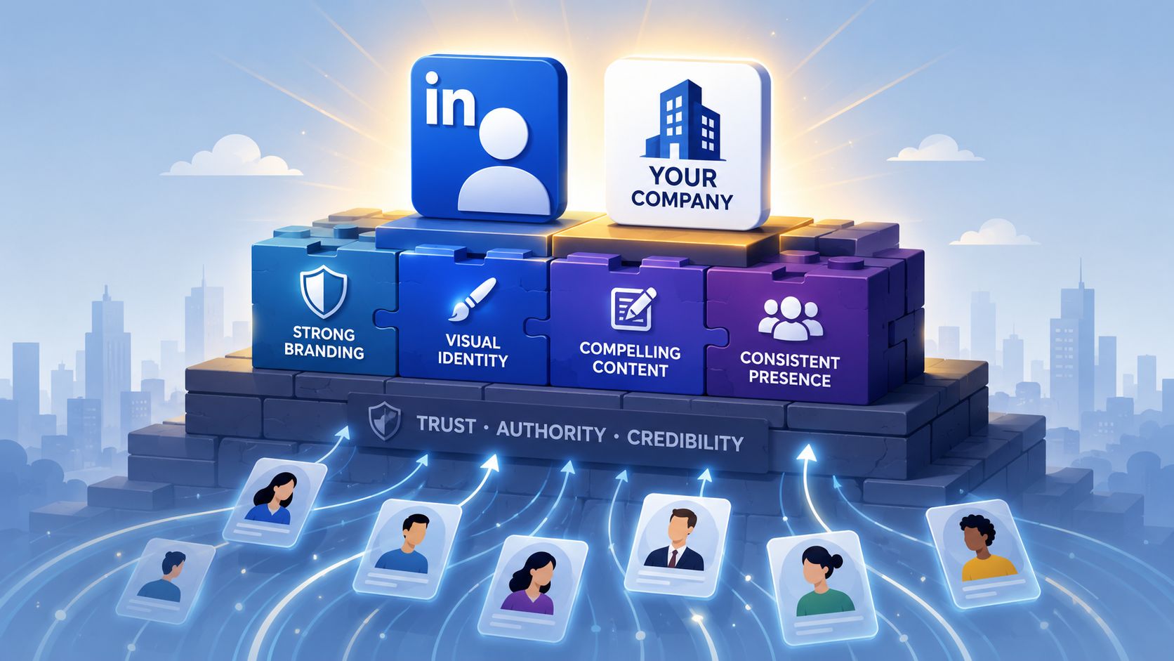 A graphic illustration showing building blocks of LinkedIn branding and company presence to gain trust and authority.