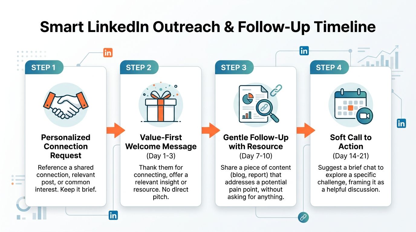 A flowchart detailing a four-step professional LinkedIn outreach and follow-up strategy for effective sales engagement.