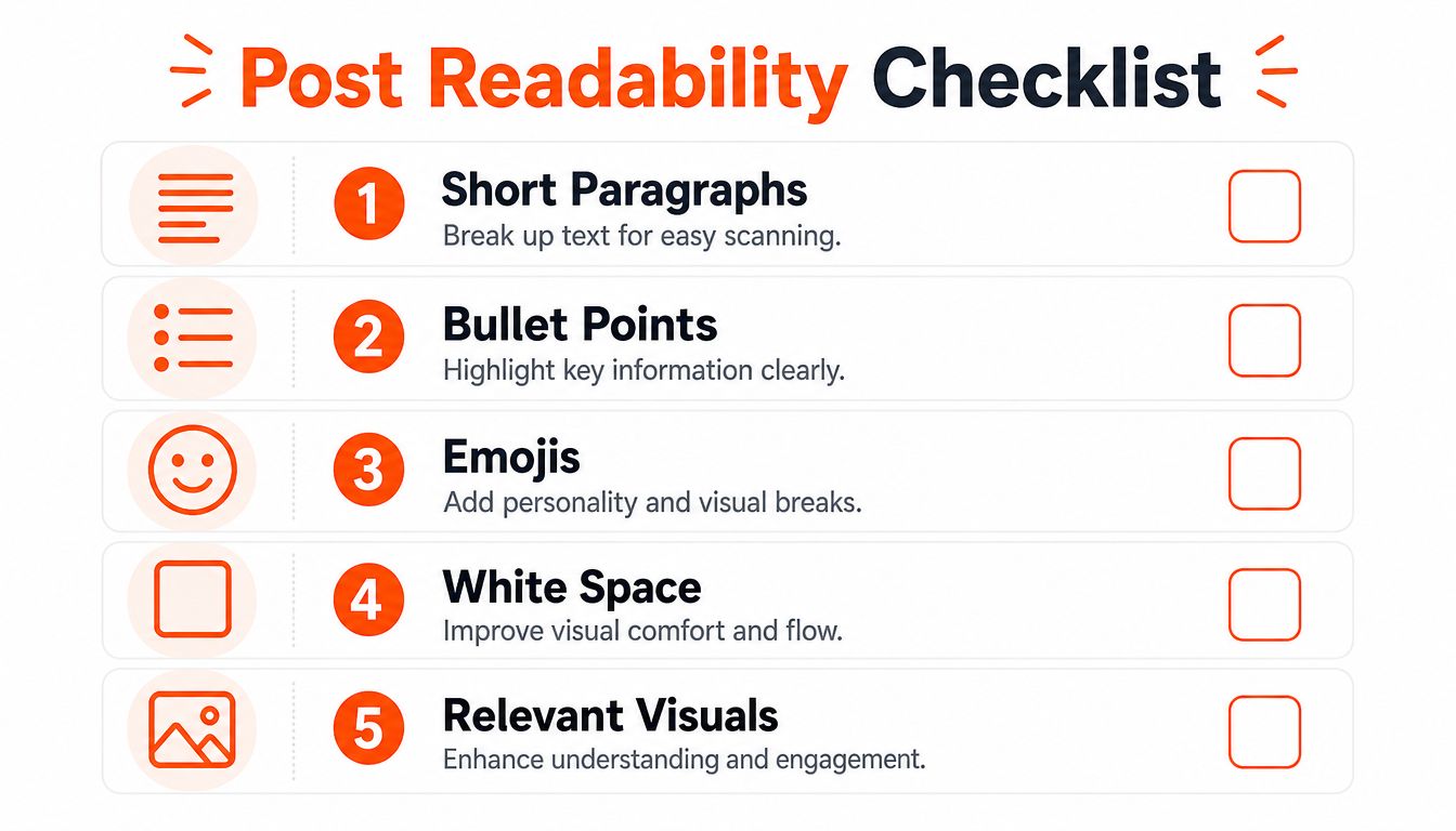 A checklist infographic titled Post Readability Checklist featuring five tips for writing engaging and readable social media content.