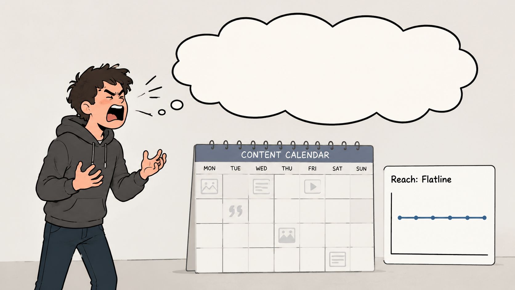 A frustrated content creator shouting at a content calendar showing flat reach statistics on a chart.