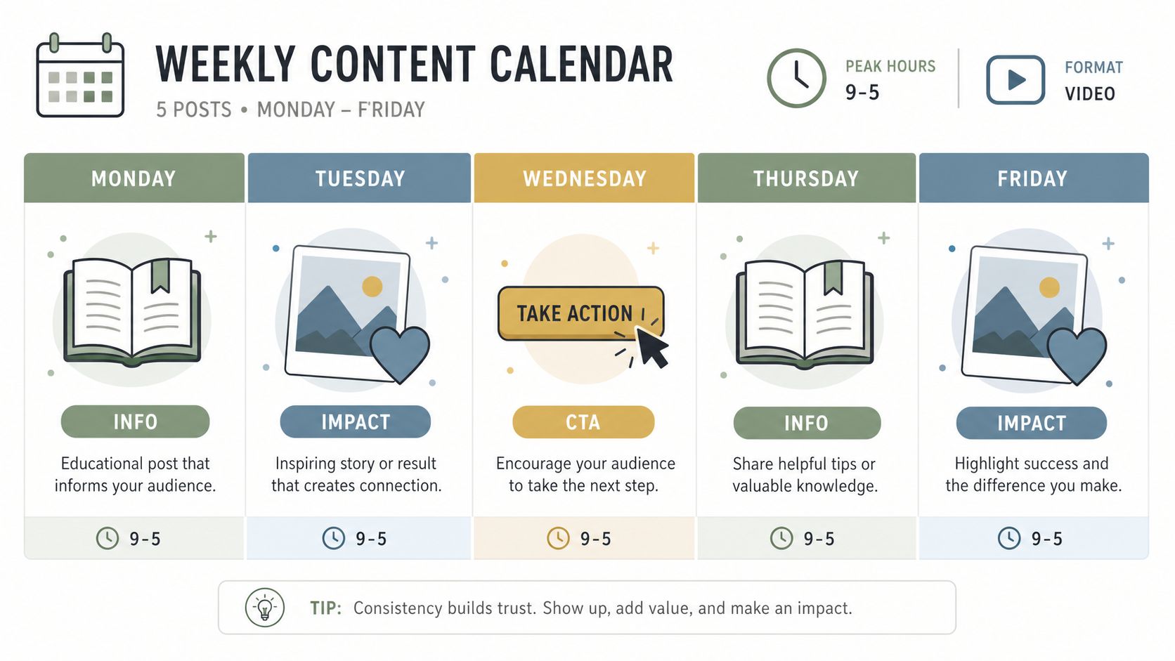 A weekly content calendar infographic for social media planning, detailing post types from Monday to Friday.