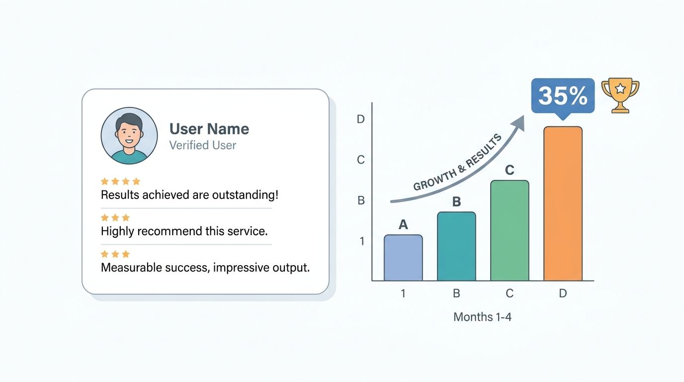 A testimonial card featuring a user profile alongside a bar chart illustrating monthly growth and results.