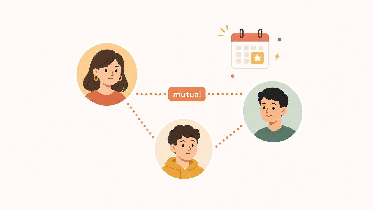 An illustration showing three people connected to each other with a mutual connection icon and calendar