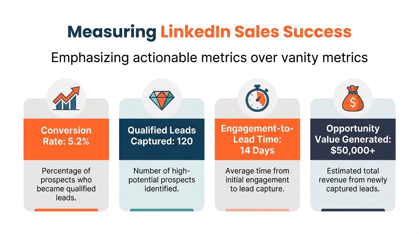 A business infographic showing four actionable metrics for measuring success in LinkedIn sales campaigns.