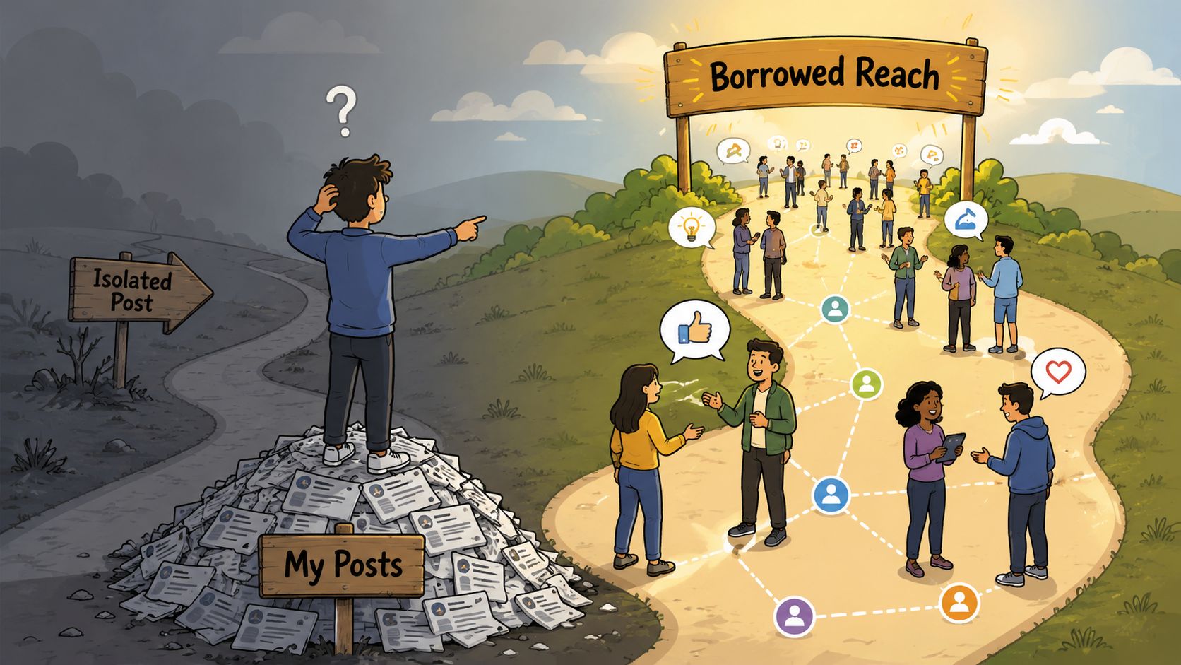 A cartoon showing a person choosing between isolated personal posts and networking for broader reach.