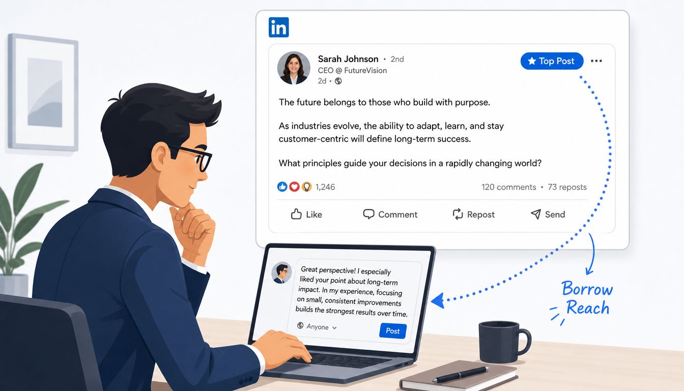 A professional man typing a LinkedIn comment on his laptop to engage with a top post.