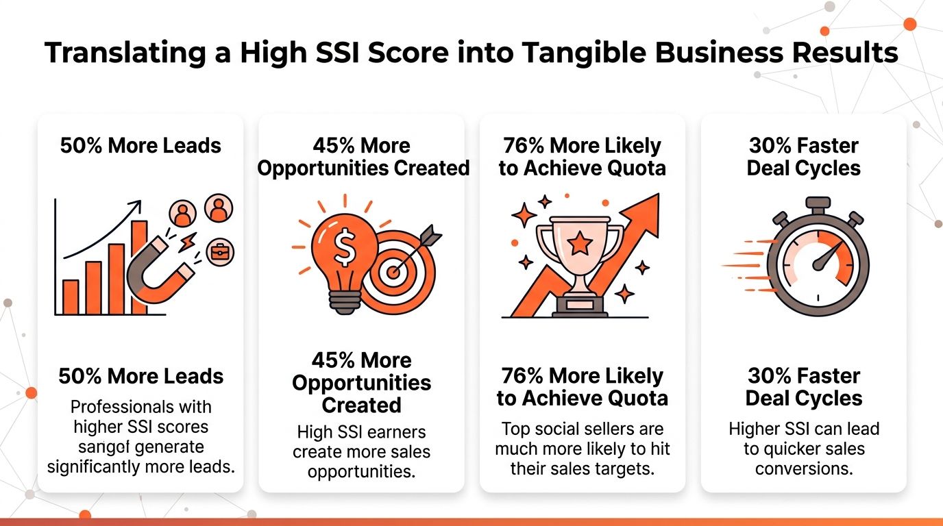 An infographic showing how a high social selling index score leads to improved business and sales outcomes.