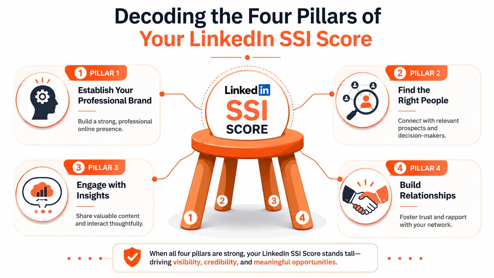 An infographic detailing the four pillars of the LinkedIn Social Selling Index score on a stool graphic.