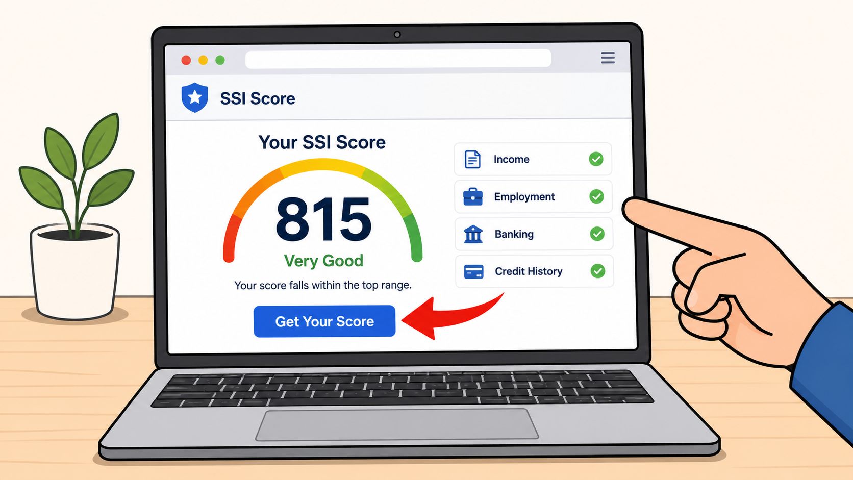 A digital screen displays a very good SSI score of 815 on a laptop computer illustration.