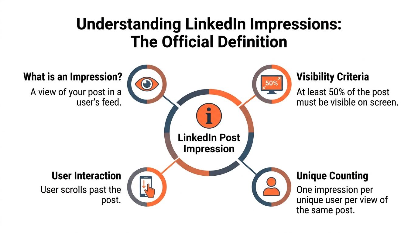 A diagram explaining LinkedIn post impressions featuring definition, visibility criteria, user interaction, and unique counting methods.