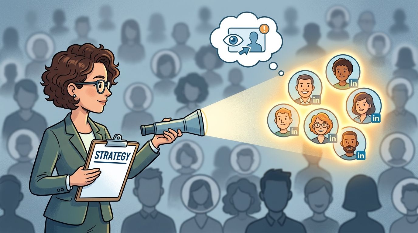 A professional woman uses a flashlight to highlight specific LinkedIn user profiles from a crowd.